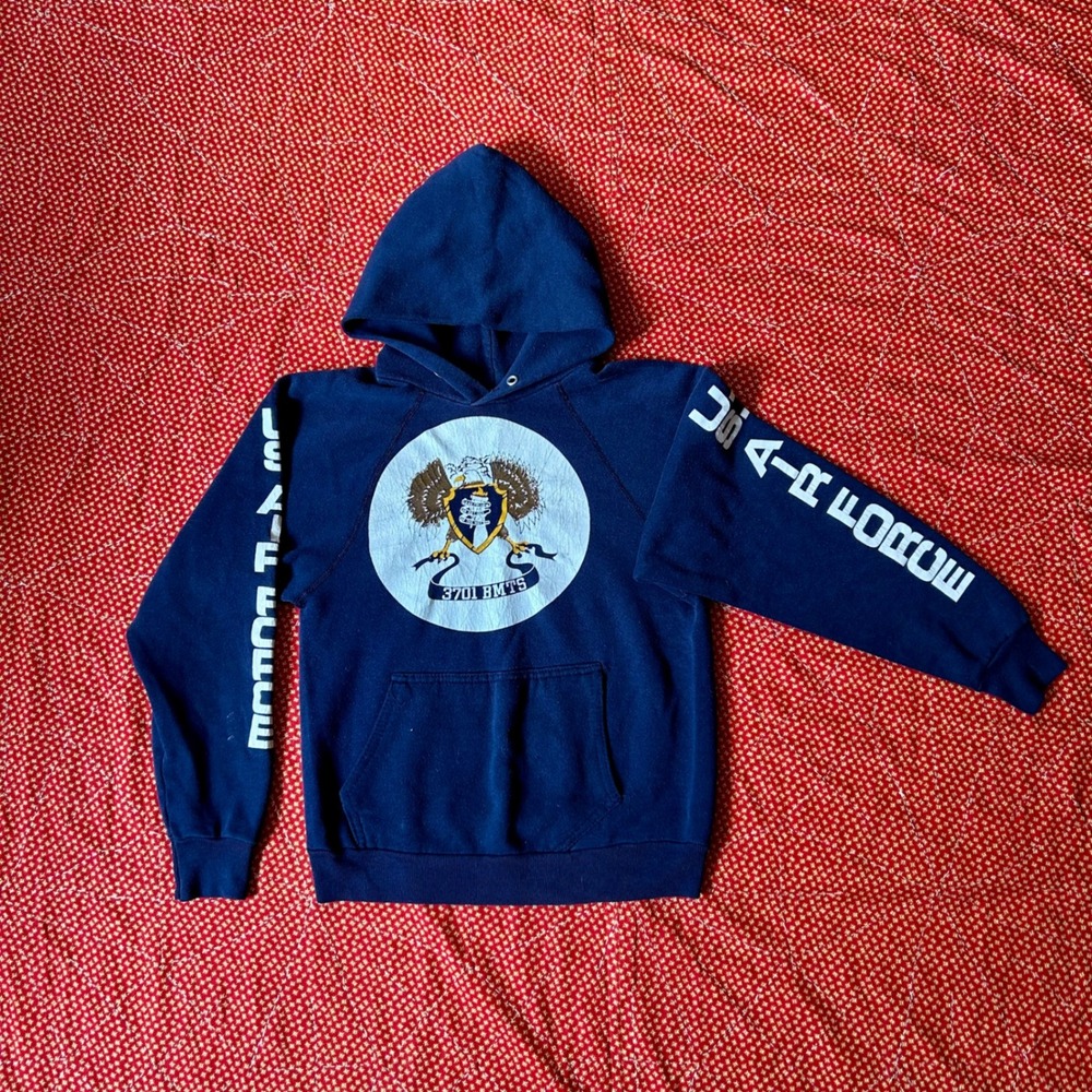 True Vintage 70s Artex US Air Force 3701 BMTS Hoodie Navy Blue Small Made in USA